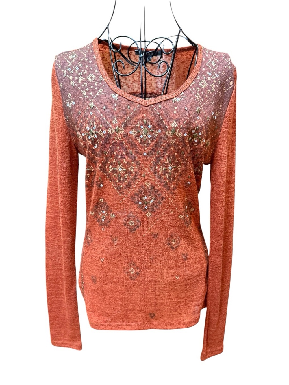 Miss Me Y2K Rust Boho Western Sequined Embellished Long-Sleeve Women's Top
